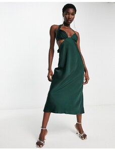 ASOS DESIGN - Vestito midi in raso verde scuro allacciato al collo con scollo profondo e cut-out in vita