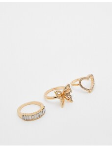 ASOS DESIGN - Confezione da 3 anelli color oro con cristalli dallo stile misto