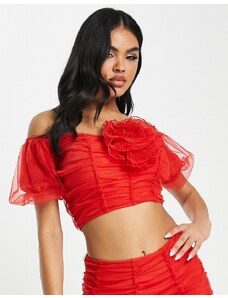 ASOS DESIGN - Top stile corsetto arricciato con spalle scoperte in rete rossa in coordinato-Rosso