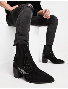 ASOS DESIGN - Stivali Chelsea stile western con tacco cubano in pelle sintetica nera con strass-Nero