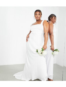 ASOS Curve ASOS DESIGN Curve - Layne - Vestito da sposa in raso con scollo squadrato e strascico-Bianco