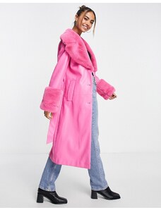 Forever New - Cappotto in similpelle PU rosa con cintura e finiture in pelliccia sintetica