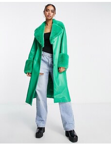 Forever New - Cappotto verde acceso con cintura e finiture in pelliccia sintetica