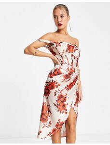 ASOS DESIGN - Vestito midi avvolgente con corsetto in raso con stampa a rose e scollo bardot-Multicolore