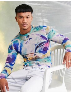 ASOS DESIGN - T-shirt a maniche lunghe attillata in rete stampata-Multicolore