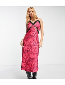 Reclaimed Vintage Inspired - Vestito con spalline sottili in raso jacquard rosa con stampa di rose