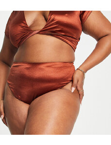 ASOS DESIGN Curve - Slip bikini sgambati a vita alta in raso lucido color rame