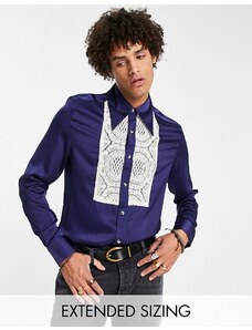 ASOS DESIGN - Camicia in raso con pettorina in pizzo e colletto anni '70 viola-Blu navy