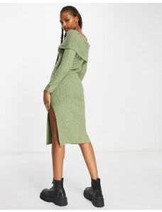 Miss Selfridge - Vestito al polpaccio in maglia spazzolata kaki a coste con spacco profondo-Verde