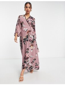Hope & Ivy - Vestito lungo a portafoglio color visone a fiori con finiture in pizzo-Viola
