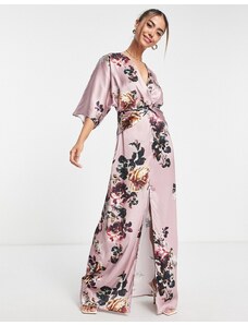 Hope & Ivy - Vestito lungo in raso color malva con maniche a kimono-Marrone
