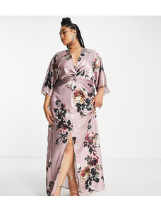Hope & Ivy Plus - Vestito lungo in raso malva con maniche a kimono-Marrone