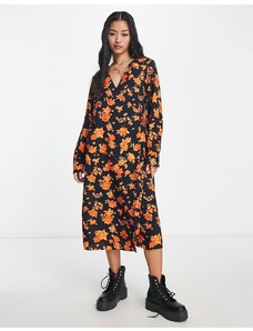 Vero Moda - Vestito midi a maniche lunghe arancione a fiori a portafoglio-Multicolore