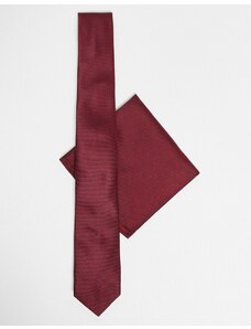 ASOS DESIGN - Cravatta sottile e fazzoletto da taschino in raso bordeaux-Rosso