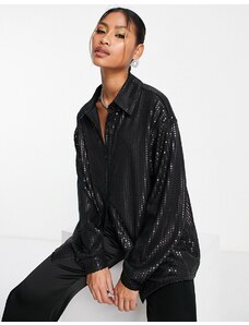 Glamorous - Camicia oversize nero opaco con paillettes in coordinato