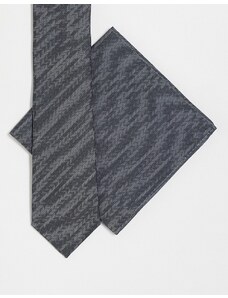 Noak - Cravatta sottile e fazzoletto da taschino grigio con tratteggio incrociato