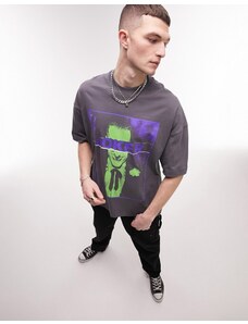 Topman - T-shirt oversize grigia con riquadro con stampa di Joker-Grigio