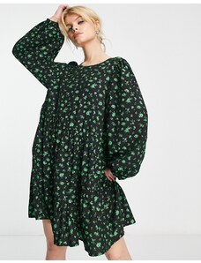 EDITED - Vestito grembiule corto con maniche a palloncino a fiorellini verdi-Verde