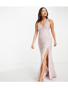Esclusiva Lace & Beads Petite - Vestito lungo decorato con spacco sulla coscia rosa pallido-Viola