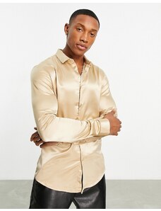 ASOS DESIGN - Camicia skinny in raso color sabbia-Neutro