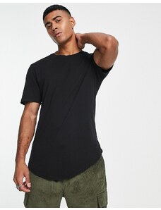 Only & Sons - T-shirt taglio lungo nera con fondo arrotondato-Nero