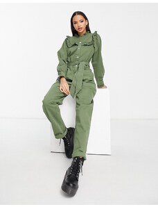 Miss Selfridge - Tuta jumpsuit kaki con pettorina con volant e cintura-Verde