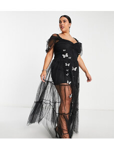 Esclusiva Lace & Beads Plus - Vestito a corsetto nero trasparente con ricamo 3D