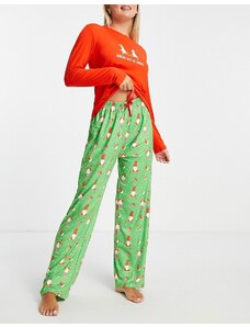 Loungeable - Pigiama natalizio rosso e verde con stampa con gnomi