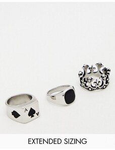 ASOS DESIGN - Confezione da 3 anelli con sigillo in acciaio inossidabile argentato con pietra, corona e asso di picche-Argento