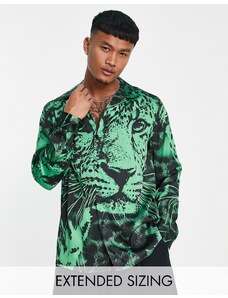 ASOS DESIGN - Camicia comoda in raso con stampa di leopardo e rever-Verde