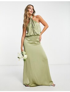 Pretty Lavish - Sammie - Vestito lungo da damigella allacciato al collo in raso color oliva chiaro-Verde