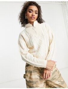 Brave Soul - Tanya - Maglione in maglia a trecce con zip corta-Bianco