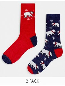 Threadbare - Confezione da 2 paia di calzini natalizi soffici blu navy e rossi con orsi polari-Rosso