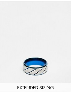 ASOS DESIGN - Anello a fascia in acciaio inossidabile resistente all'acqua con incisione orizzontale blu metallizzato e argentato-Argento