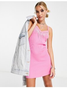 Miss Selfridge - Vestito corto in maglia rosa con frange con strass