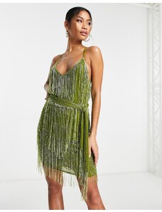 ASOS DESIGN - Vestito corto decorato con frange lime allacciato in vita-Verde