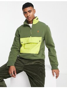 Polo Ralph Lauren - Icon - Felpa verde scuro con logo, zip corta sul colletto e tasca a contrasto