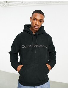 Calvin Klein Jeans - Felpa con cappuccio in pile pesante double-face nera con logo sul petto-Nero