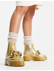 ASOS DESIGN - Giselle - Stivali da pioggia color oro glitterati con catena grossa
