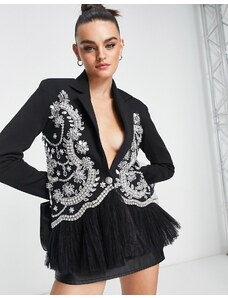 Starry Eyed - Vestito stile blazer premium nero decorato con fondo in tulle