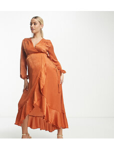Flounce London Maternity - Vestito lungo avvolgente a maniche lunghe color cannella-Arancione