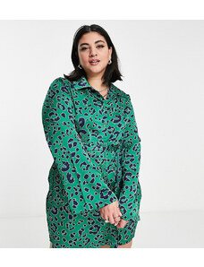 Urban Threads Curve Urban Threads Plus - Vestito camicia corto con cintura verde con stampa leopardata