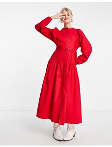 Whistles - Vestito midi in cotone rosso vivace con maniche a palloncino e cintura