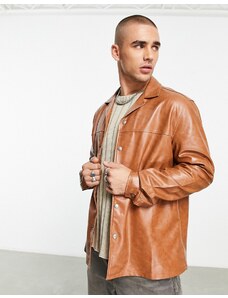 ASOS DESIGN - Camicia oversize in pelle sintetica marrone lavaggio vintage