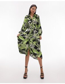 Topshop - Vestito chemisier midi verde con motivo floreale lineare e fondo a fazzoletto