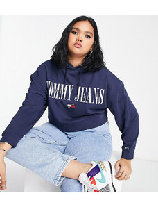 Tommy Jeans Plus - Felpa corta con cappuccio e logo, colore blu navy