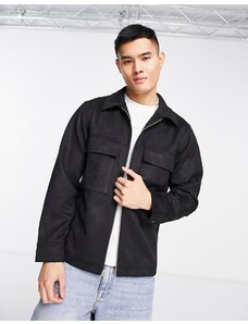 Abercrombie & Fitch - Camicia giacca nera in camoscio sintetico con zip frontale-Nero