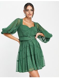 ASOS DESIGN - Vestito corto con maniche a campana, corsetto e cintura verde