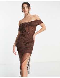 ASOS DESIGN - Vestito midi stile corsetto in rete color cioccolato con perle e scollo alla Bardot-Arancione