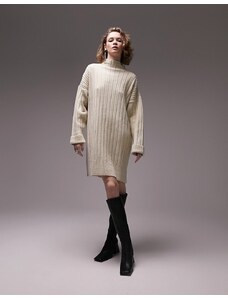 Topshop - Vestito corto oversize in maglia color pietra a coste con scollo a imbuto-Neutro